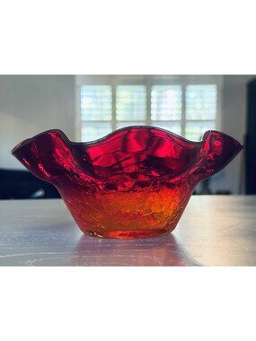Blenko Crackle Glass Bowl Tangerine Amberina Ruffled Edge Hand Blown Vintage 8"